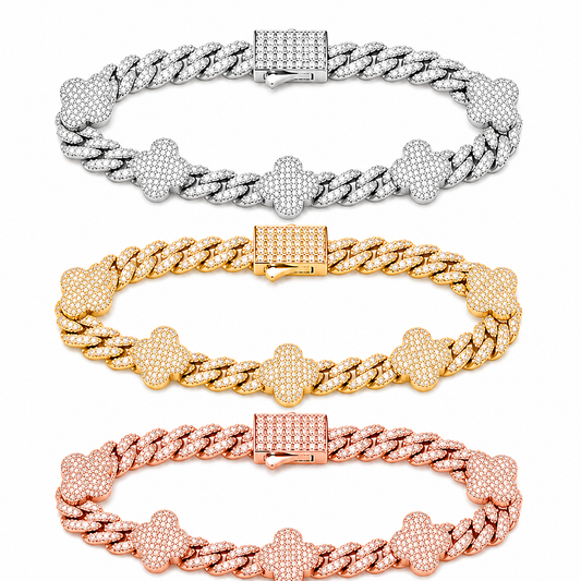 6mm S925 Moissanite Four Leaf Clover Cuban Link Bracelet