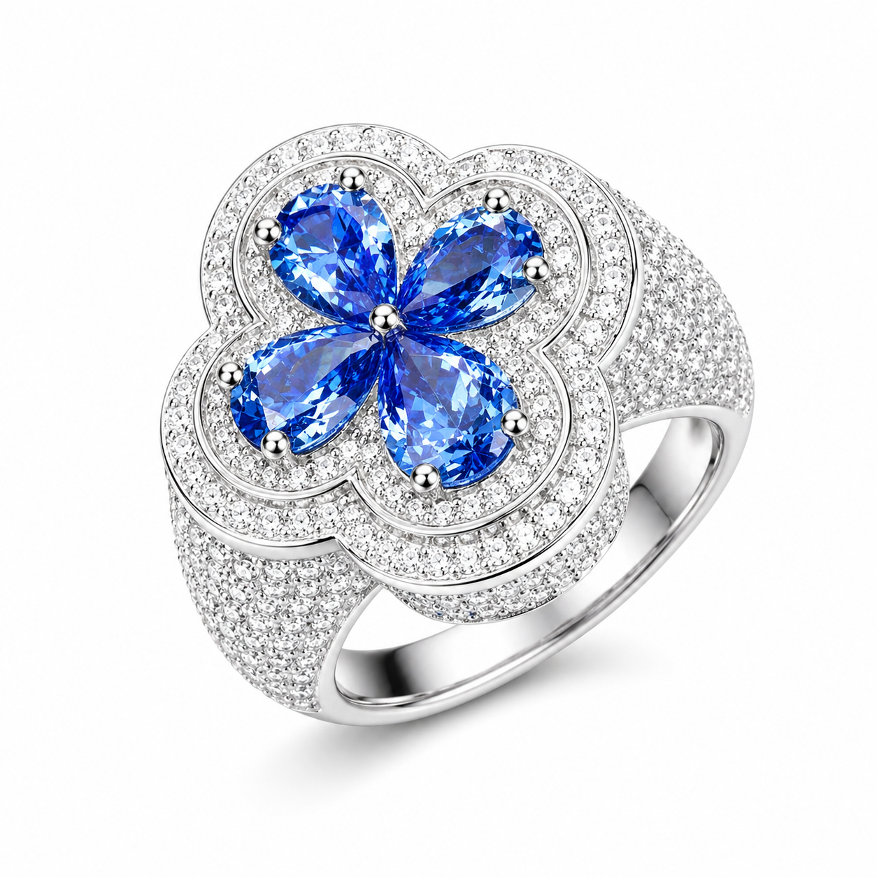 S925 Moissanite Four Leaf Clover Ring In Colored Pear Cut CZ