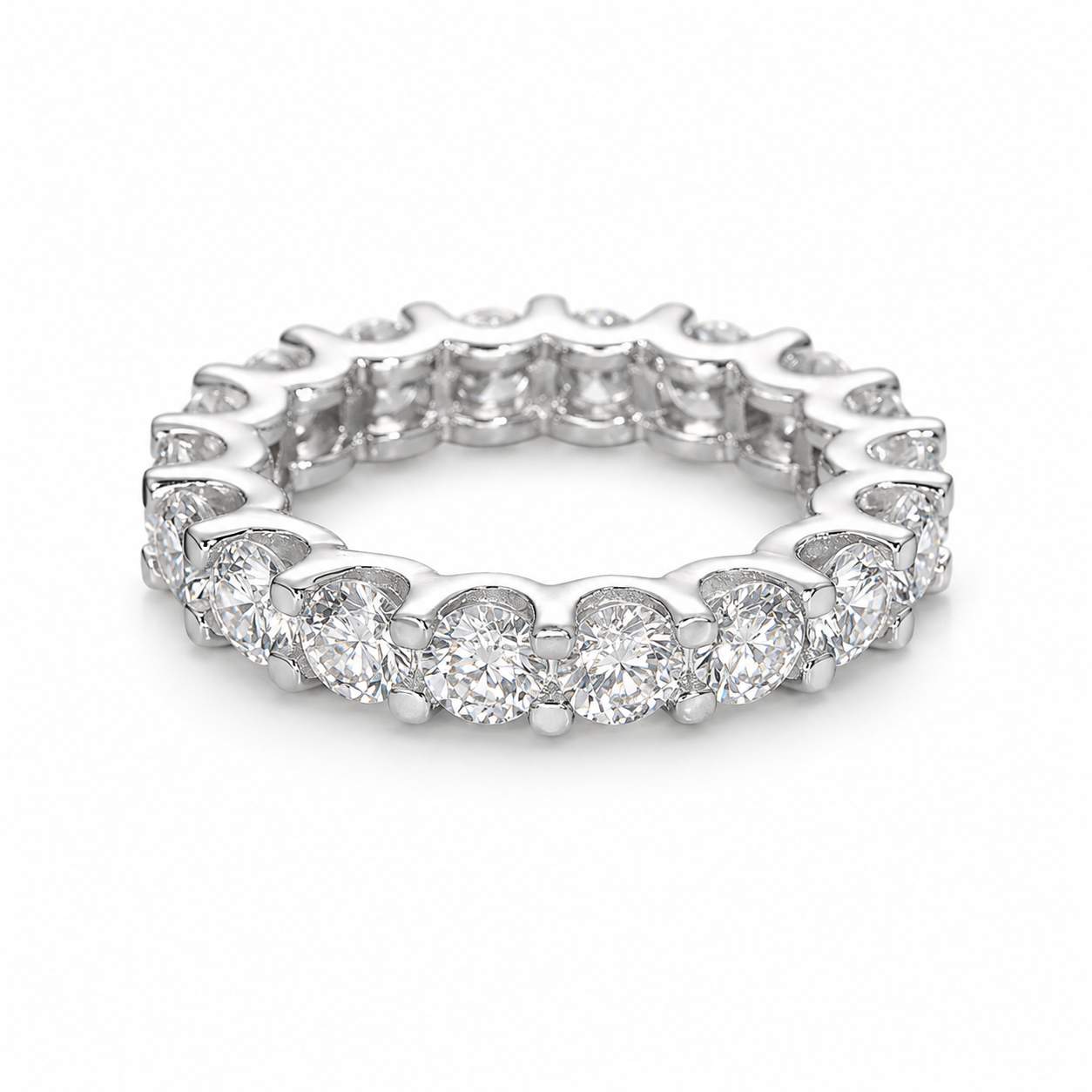 925 Sterling Silver 4mm VVS Moissanite Hypoallergenic Waterproof Prong Set Eternity Ring