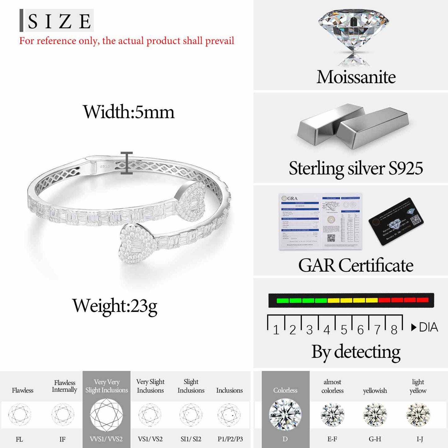 5mm Baguette Heart Bracelet Bangle