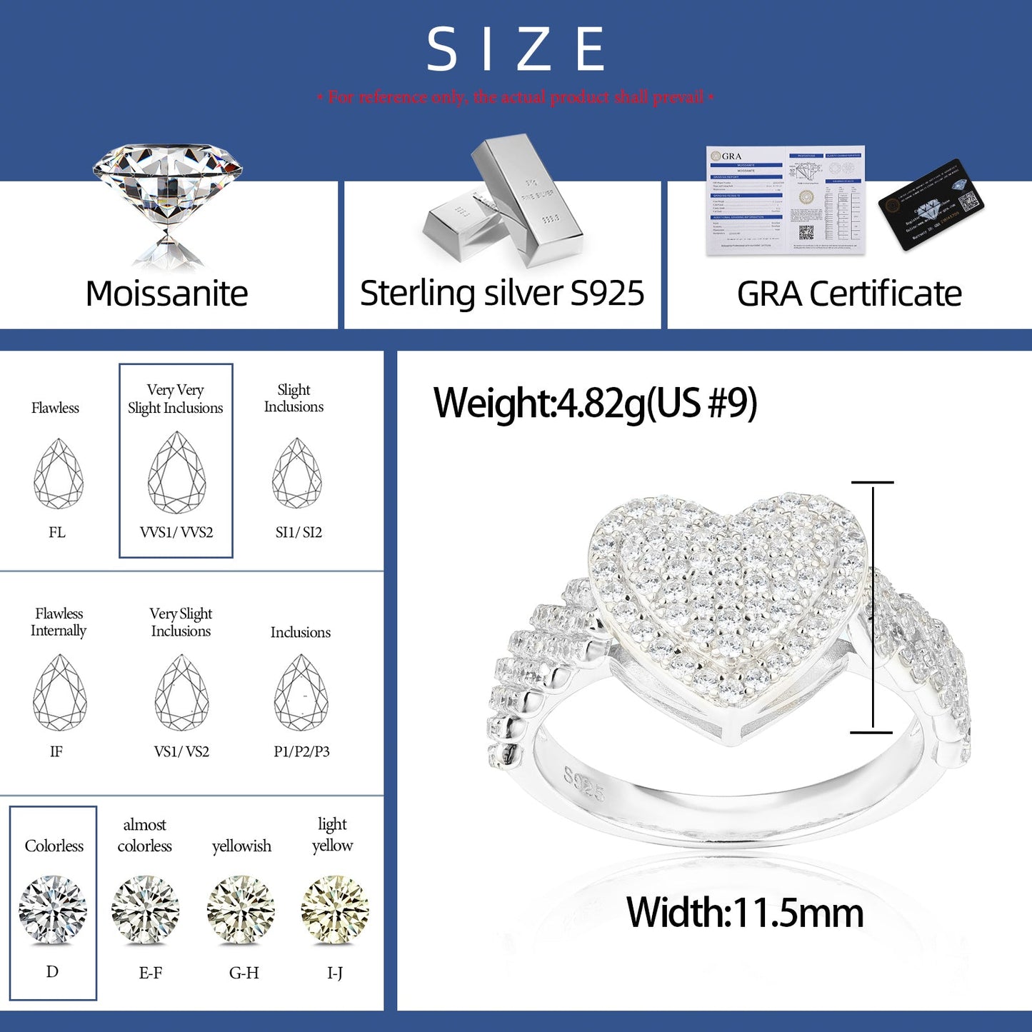 925 Silver Moissanite Gold Pave Heart Ring for Women