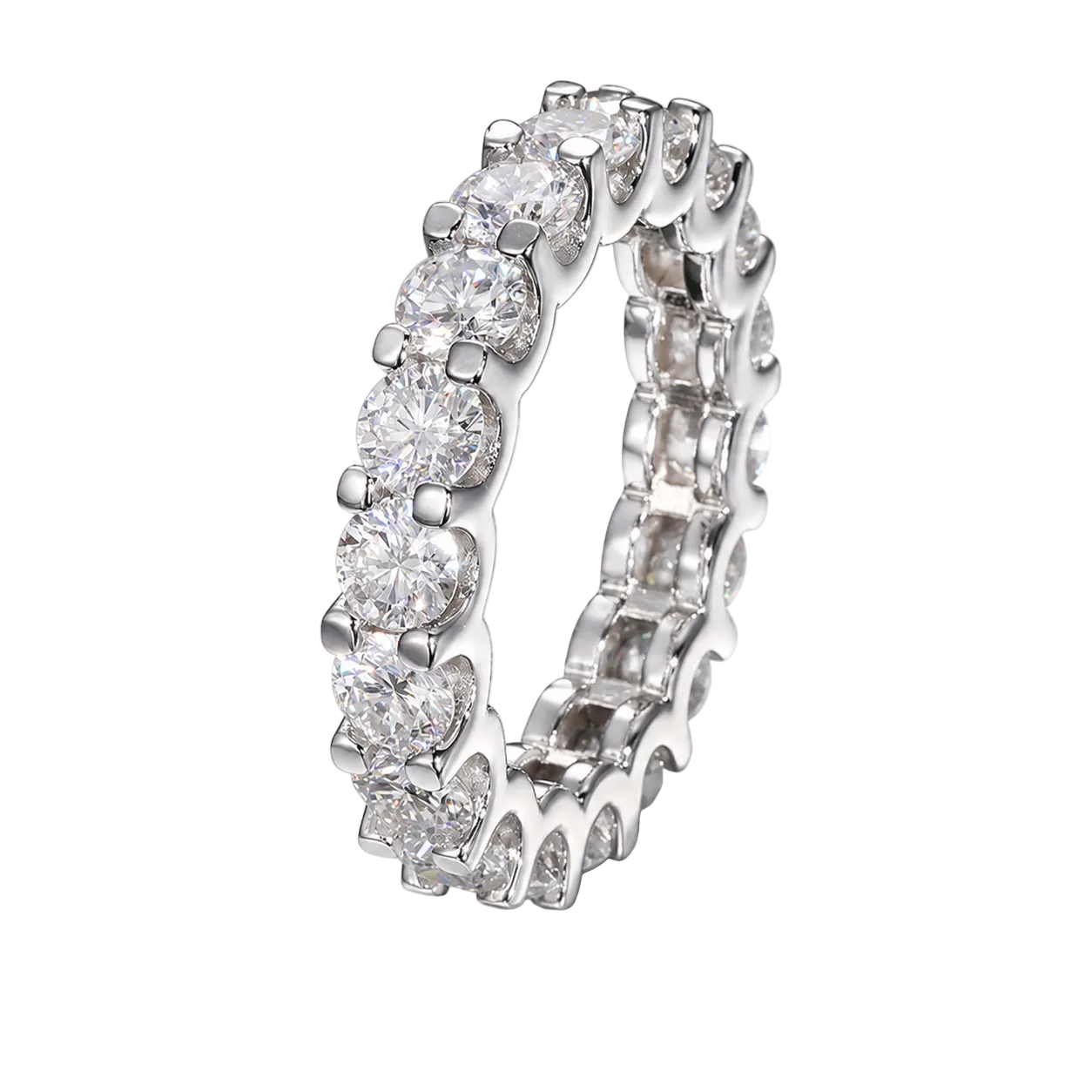 925 Sterling Silver 4mm VVS Moissanite Hypoallergenic Waterproof Prong Set Eternity Ring
