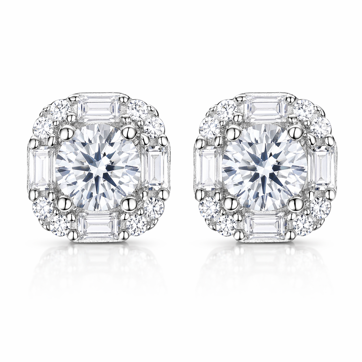 Emerald Cut Halo Stud Earrings