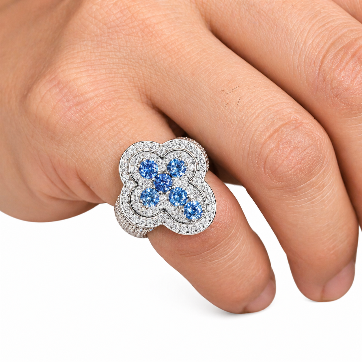S925 Moissanite Signet Ring With Blue CZ Cross
