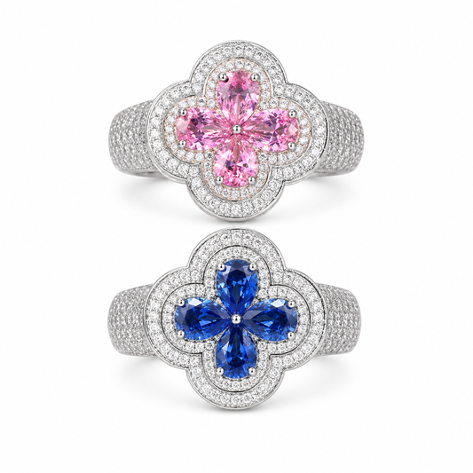 S925 Moissanite Four Leaf Clover Ring In Colored Pear Cut CZ