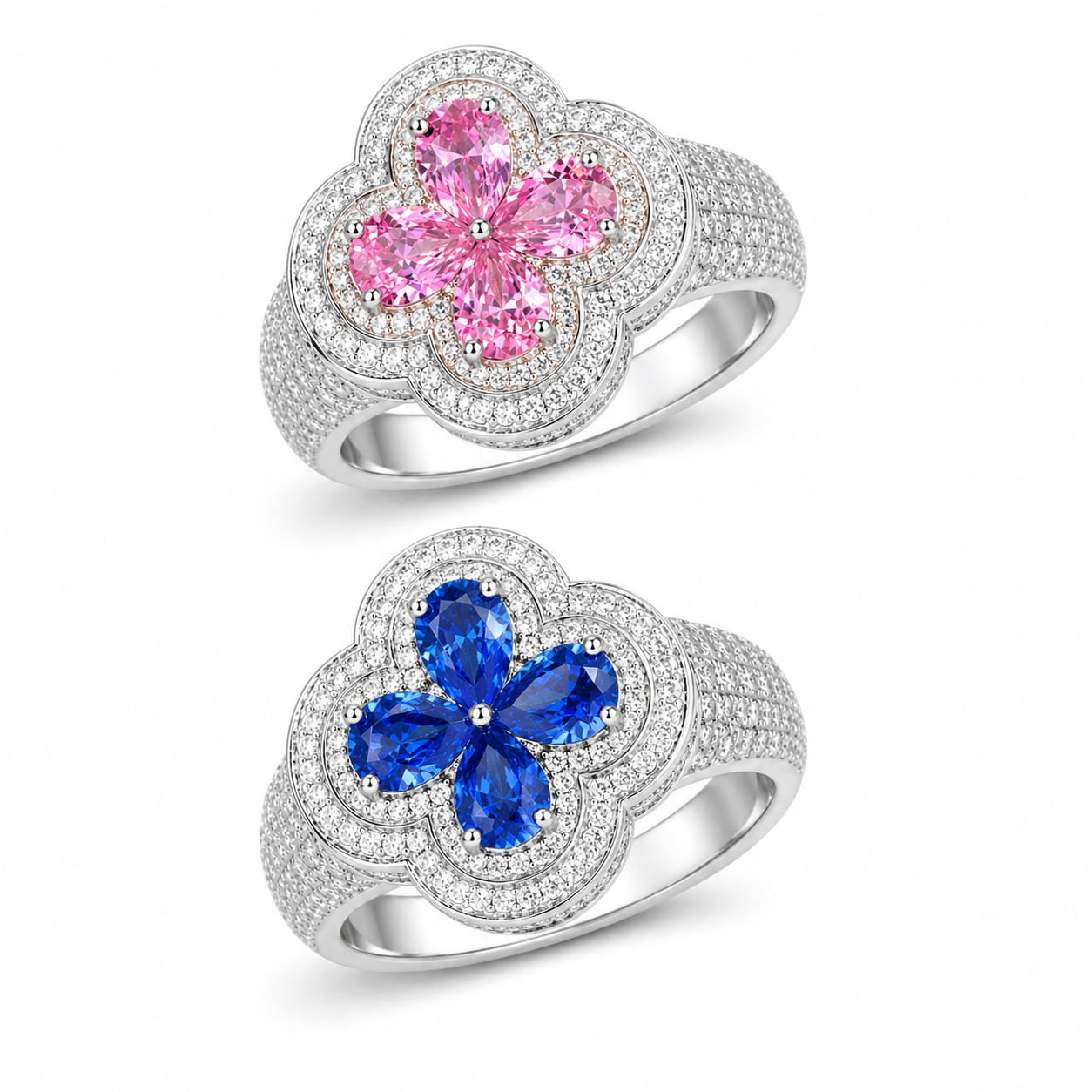 S925 Moissanite Four Leaf Clover Ring In Colored Pear Cut CZ