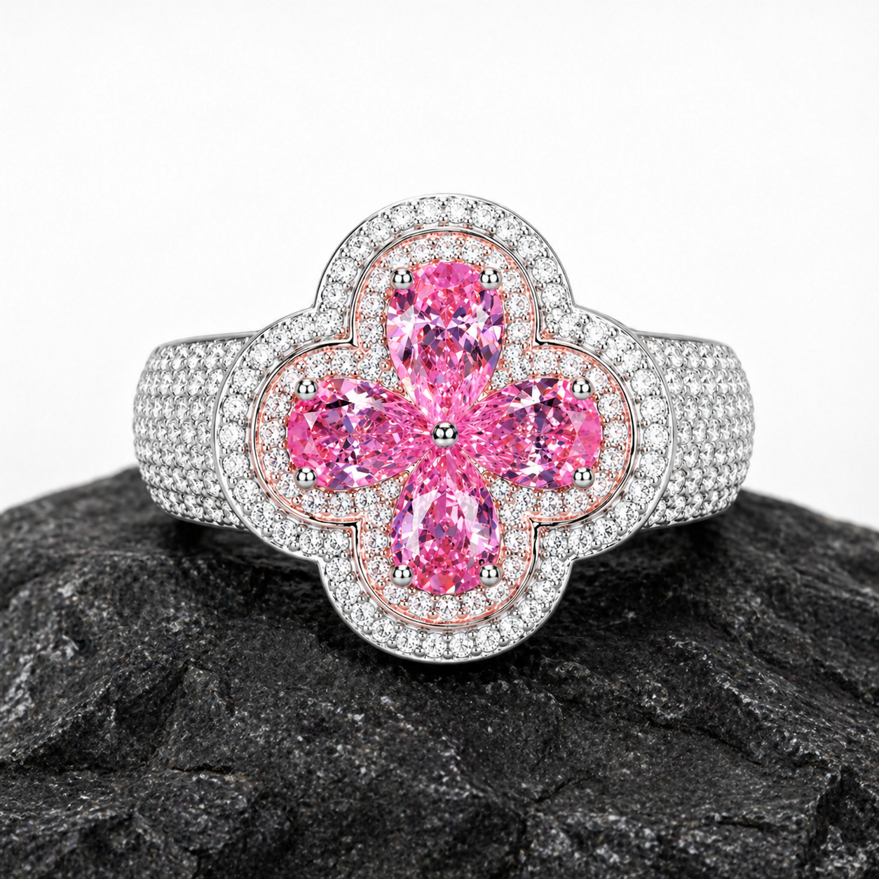 S925 Moissanite Four Leaf Clover Ring In Colored Pear Cut CZ