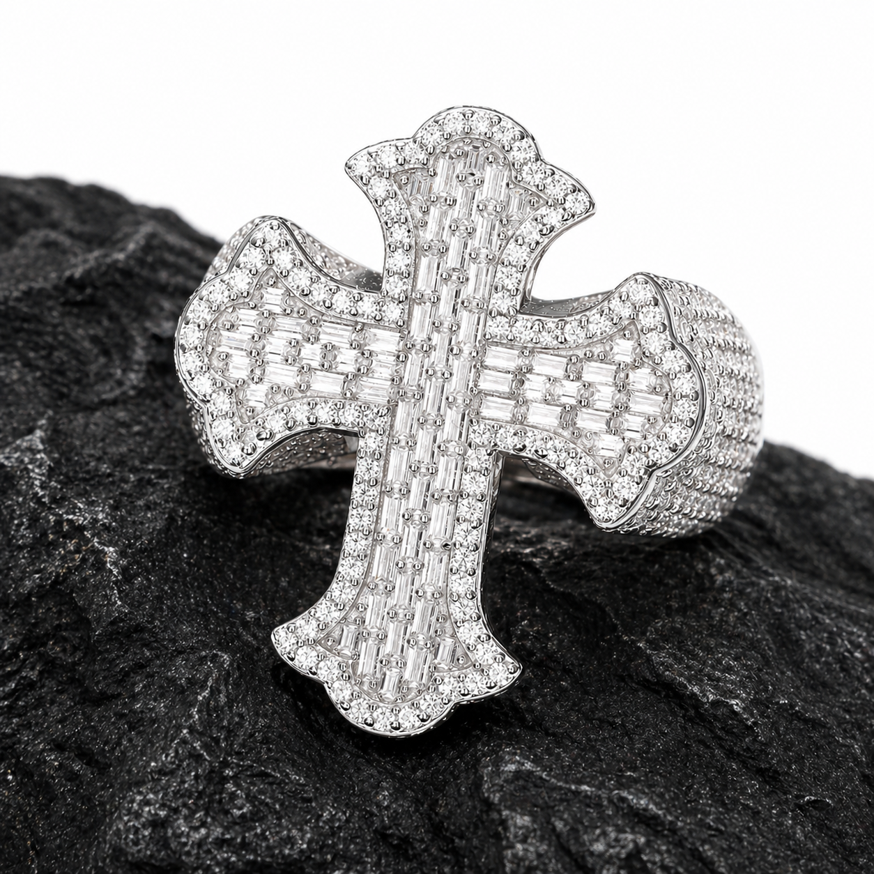 Iced Out Baguette Iris Cross Ring
