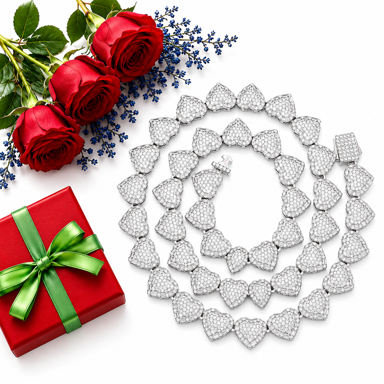 10mm S925 Baguette Moissanite Iced Heart Link Chain