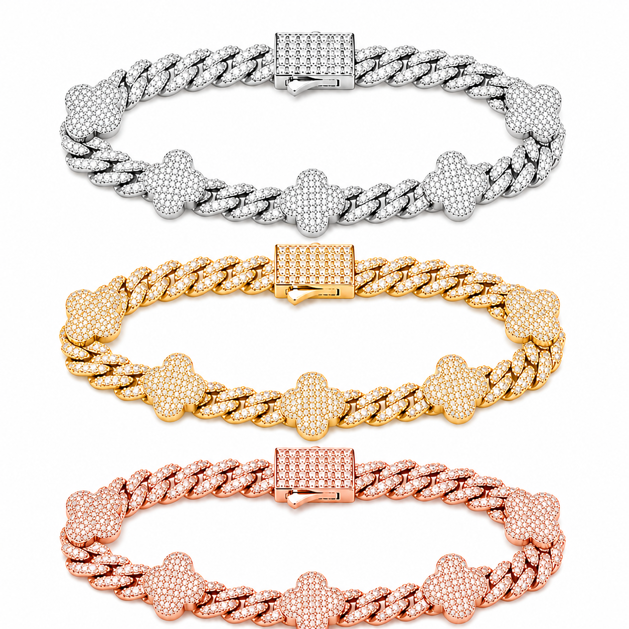 6mm S925 Moissanite Four Leaf Clover Cuban Link Bracelet