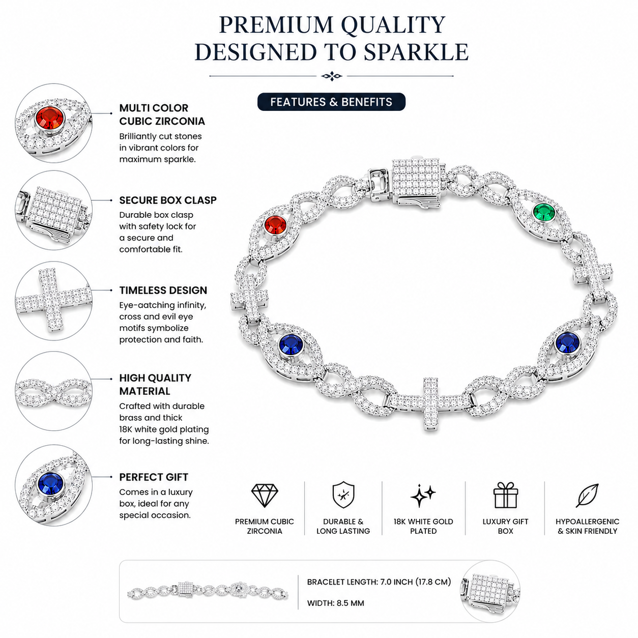 10mm Infinity Cross Evil Eye Cuban Bracelet