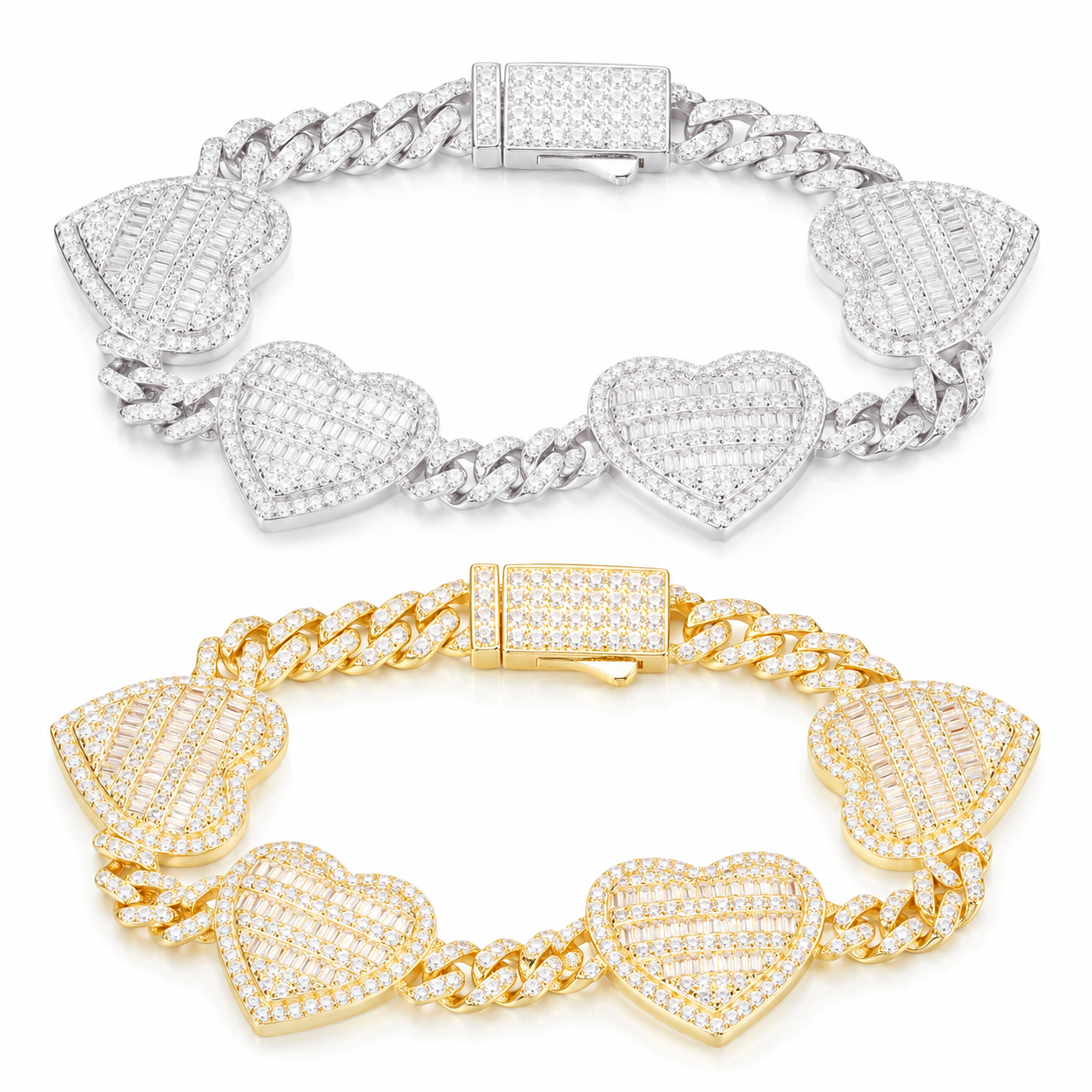 6mm Baguette Heart Cuban Link Bracelet