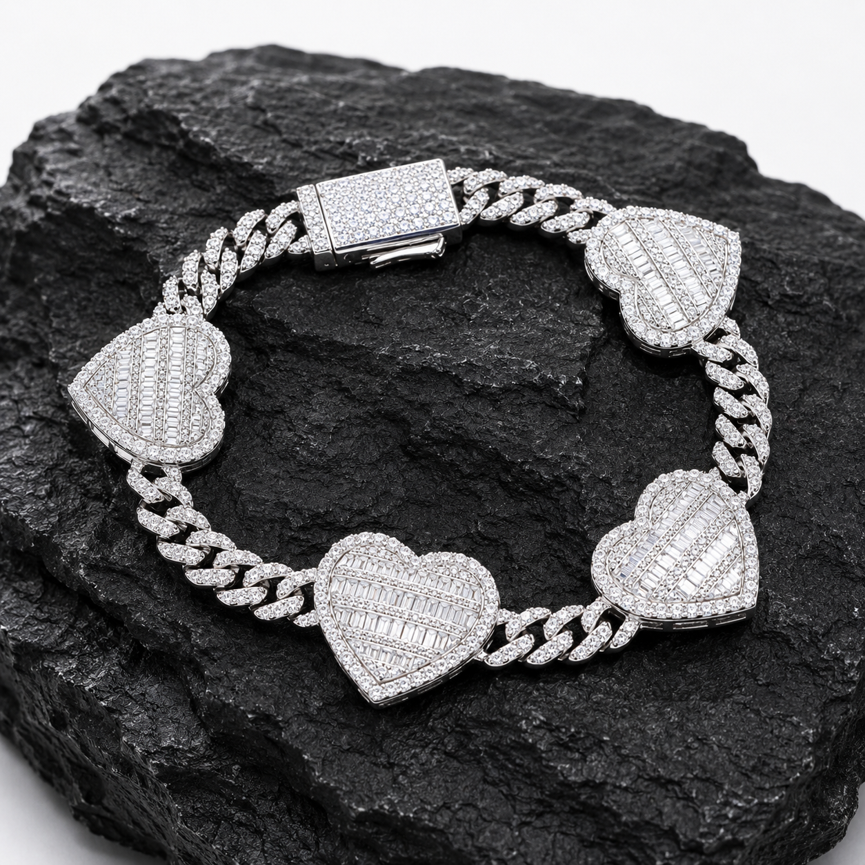 6mm Baguette Heart Cuban Link Bracelet