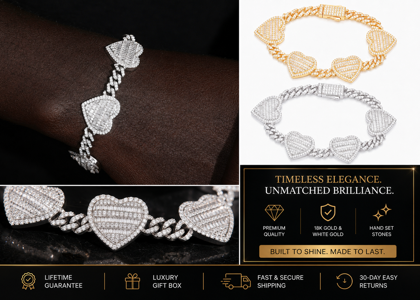 6mm Baguette Heart Cuban Link Bracelet