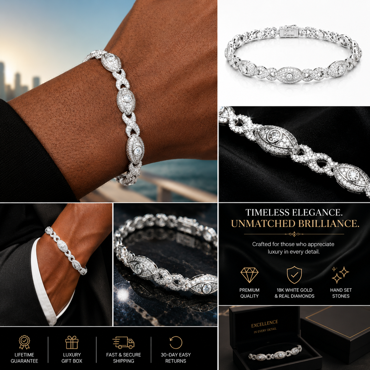 11mm S925 Moissanite Evil Eye Infinity Cuban Link Bracelet