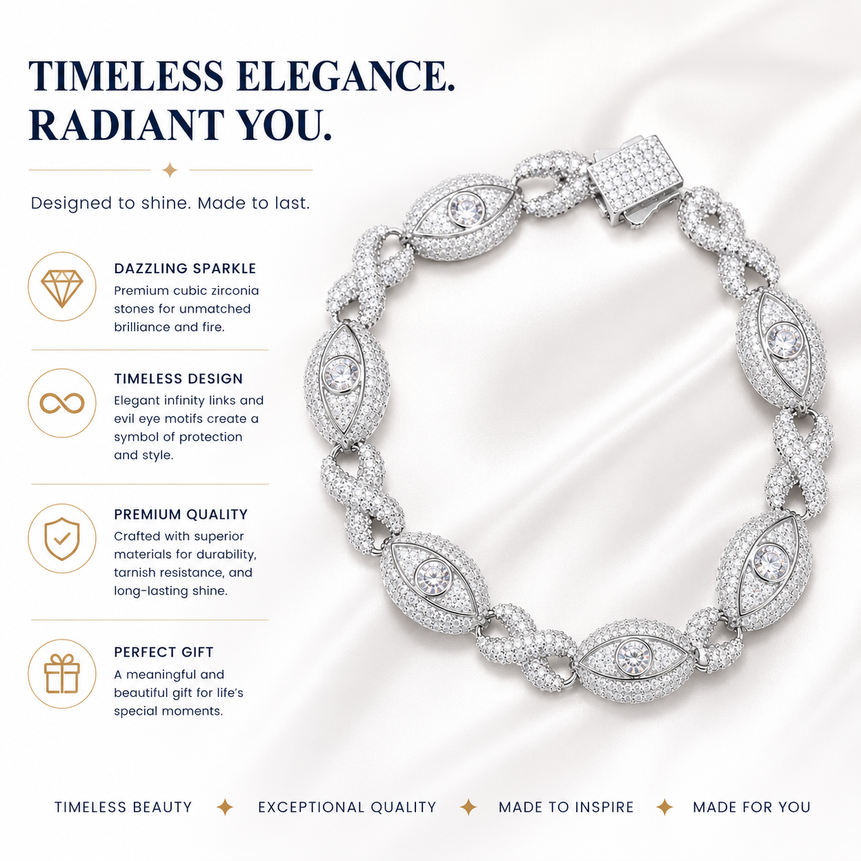 11mm S925 Moissanite Evil Eye Infinity Cuban Link Bracelet