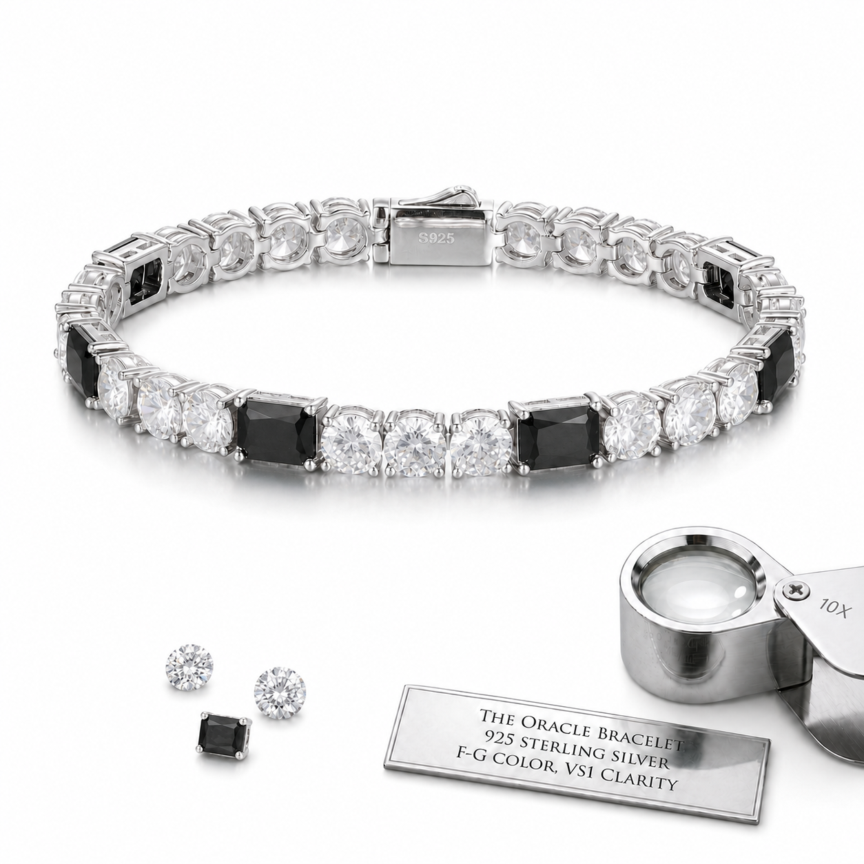 White Moissanite Mix Black CZ Cluster Tennis Bracelet