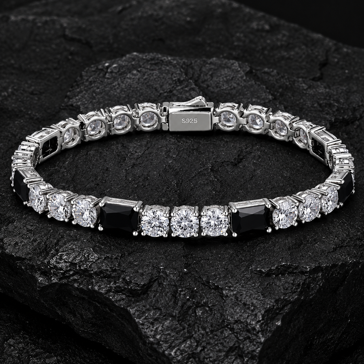 White Moissanite Mix Black CZ Cluster Tennis Bracelet