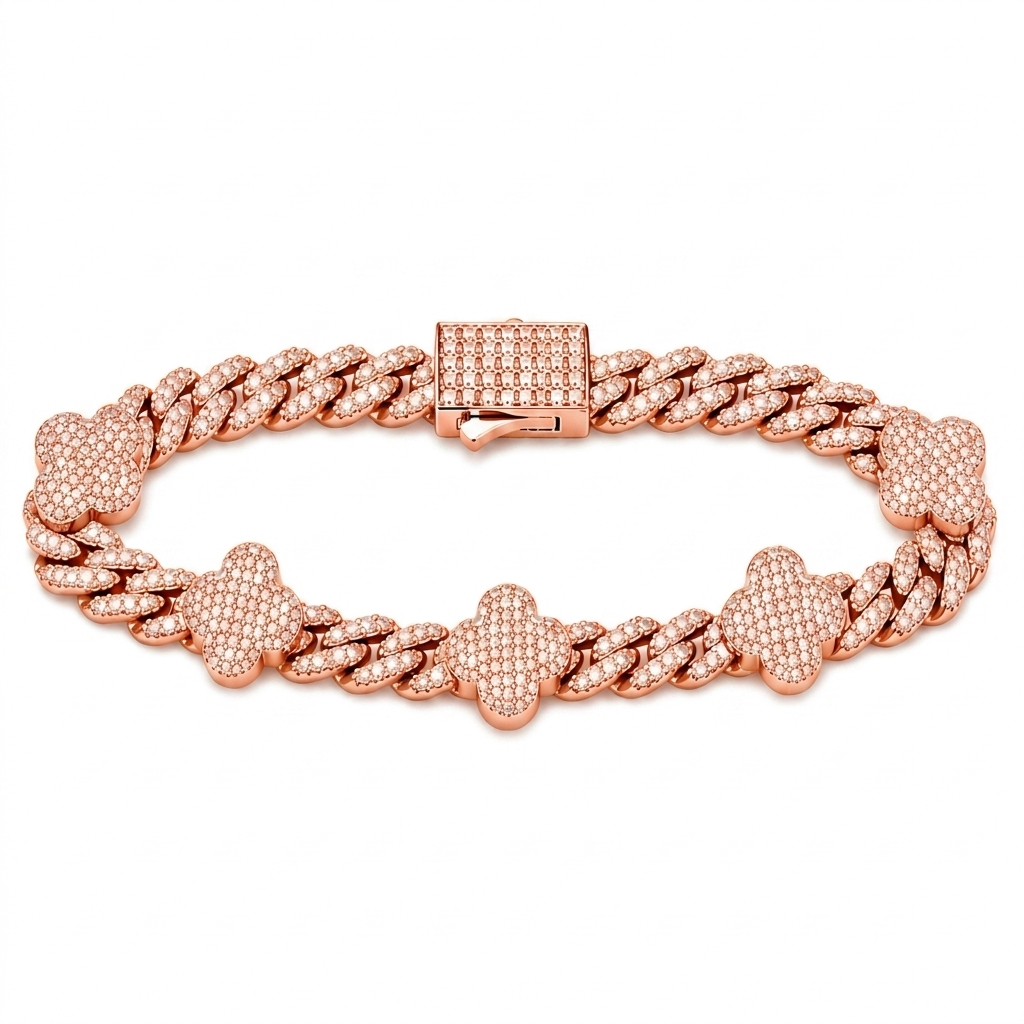 6mm S925 Moissanite Four Leaf Clover Cuban Link Bracelet
