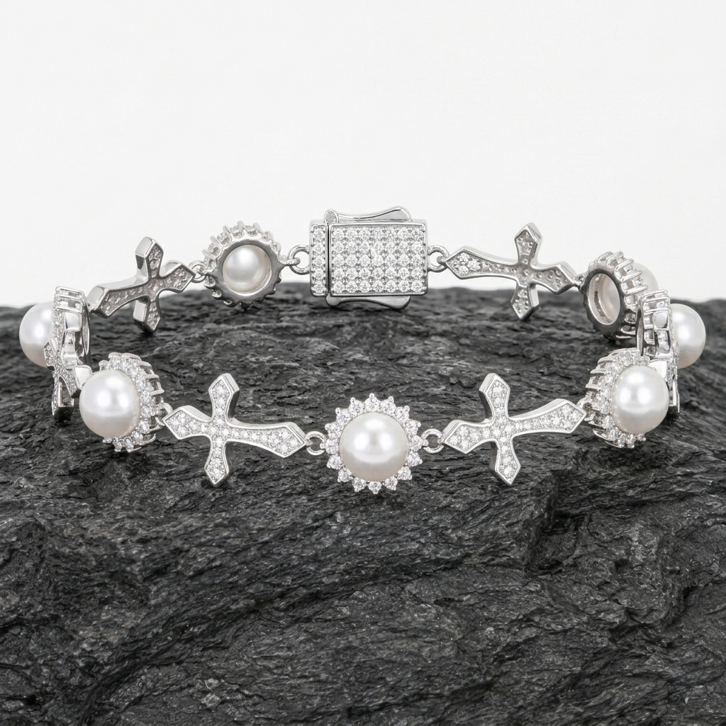 12mm Pearl Flower Cross Link Bracelet