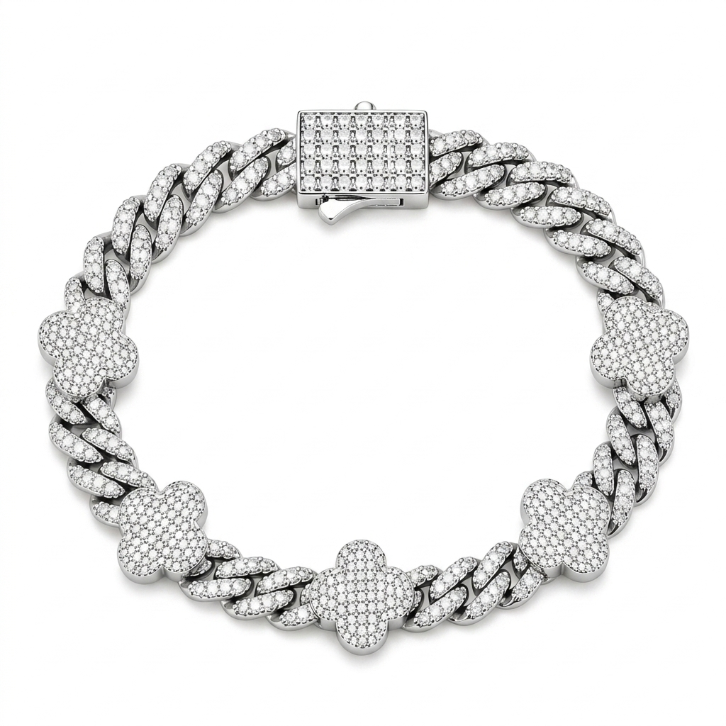 6mm S925 Moissanite Four Leaf Clover Cuban Link Bracelet