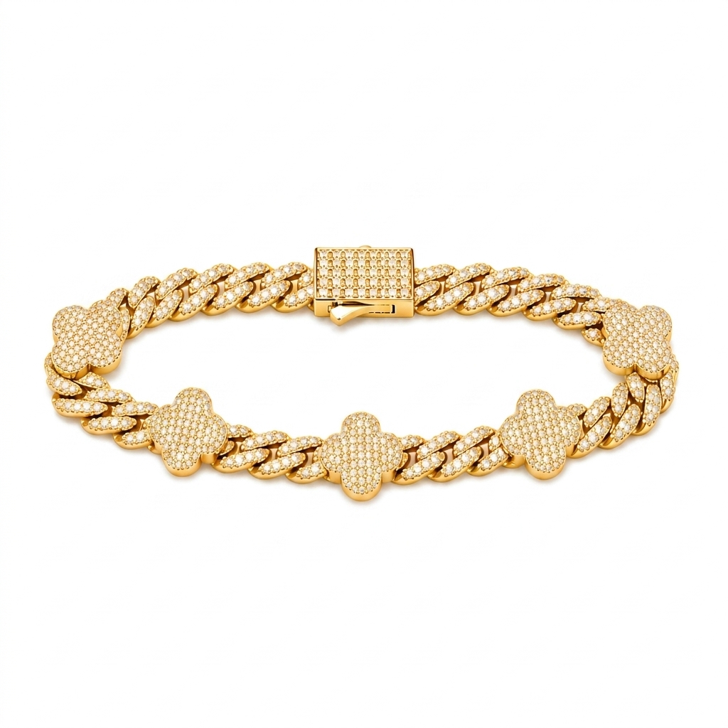6mm S925 Moissanite Four Leaf Clover Cuban Link Bracelet