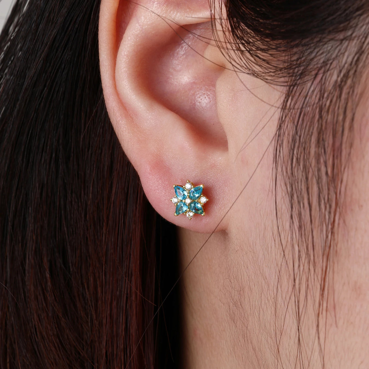 Blue Pear Cut CZ Four Leaf Clover Earrings VVS Moissanite Lucky Studs Ear