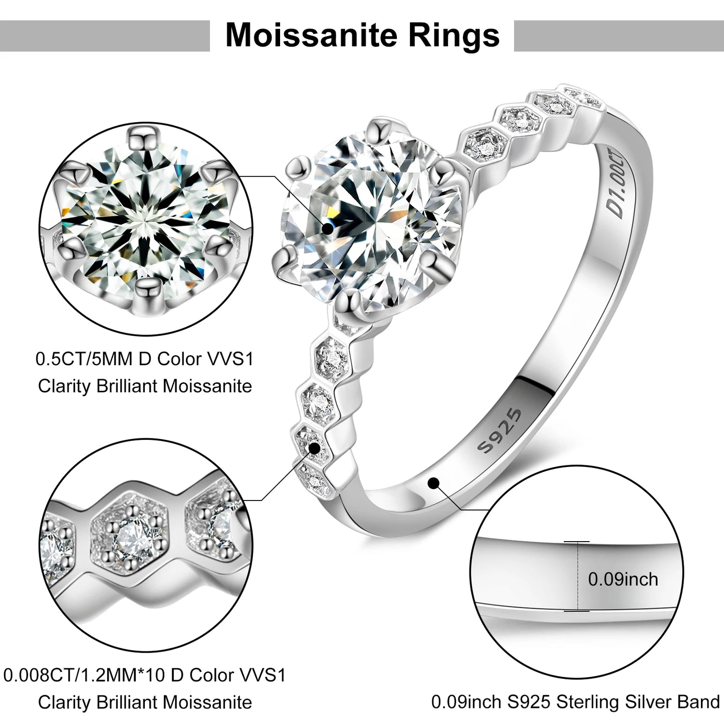 925 Sterling Silver VVS Moissanite Diamond Ring