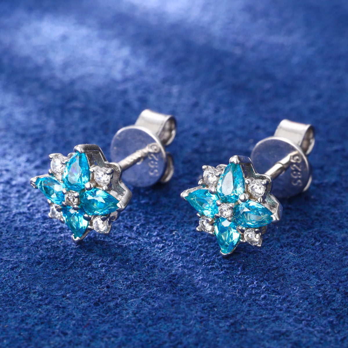Blue Pear Cut CZ Four Leaf Clover Earrings VVS Moissanite Lucky Studs Ear