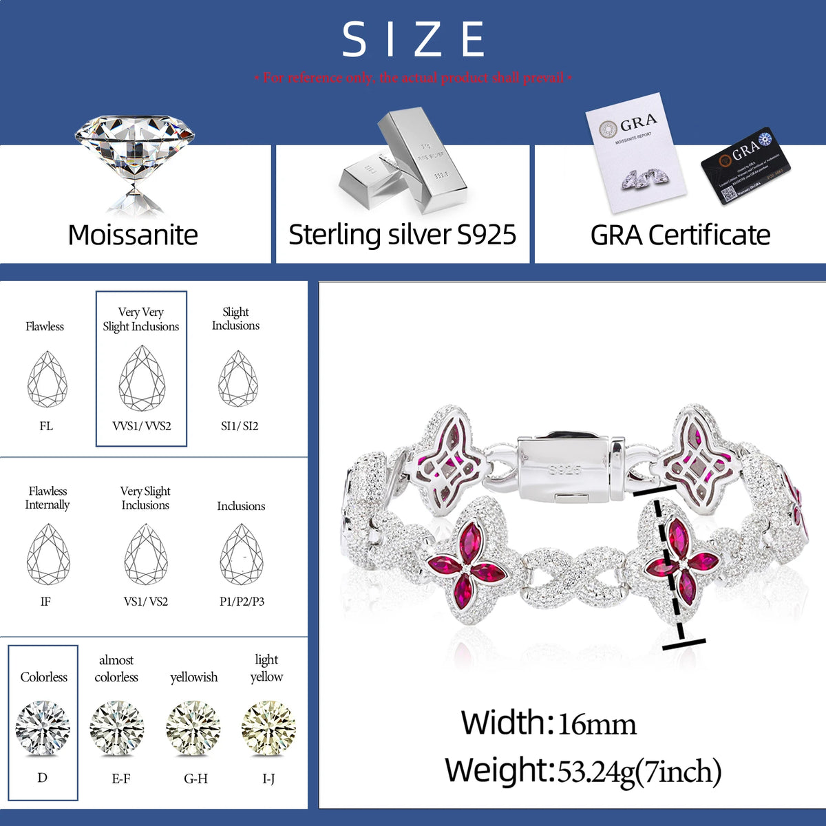 16mm 925 VVS Moissanite Diamond  Iced Out Four Leaf Clover Bracelet