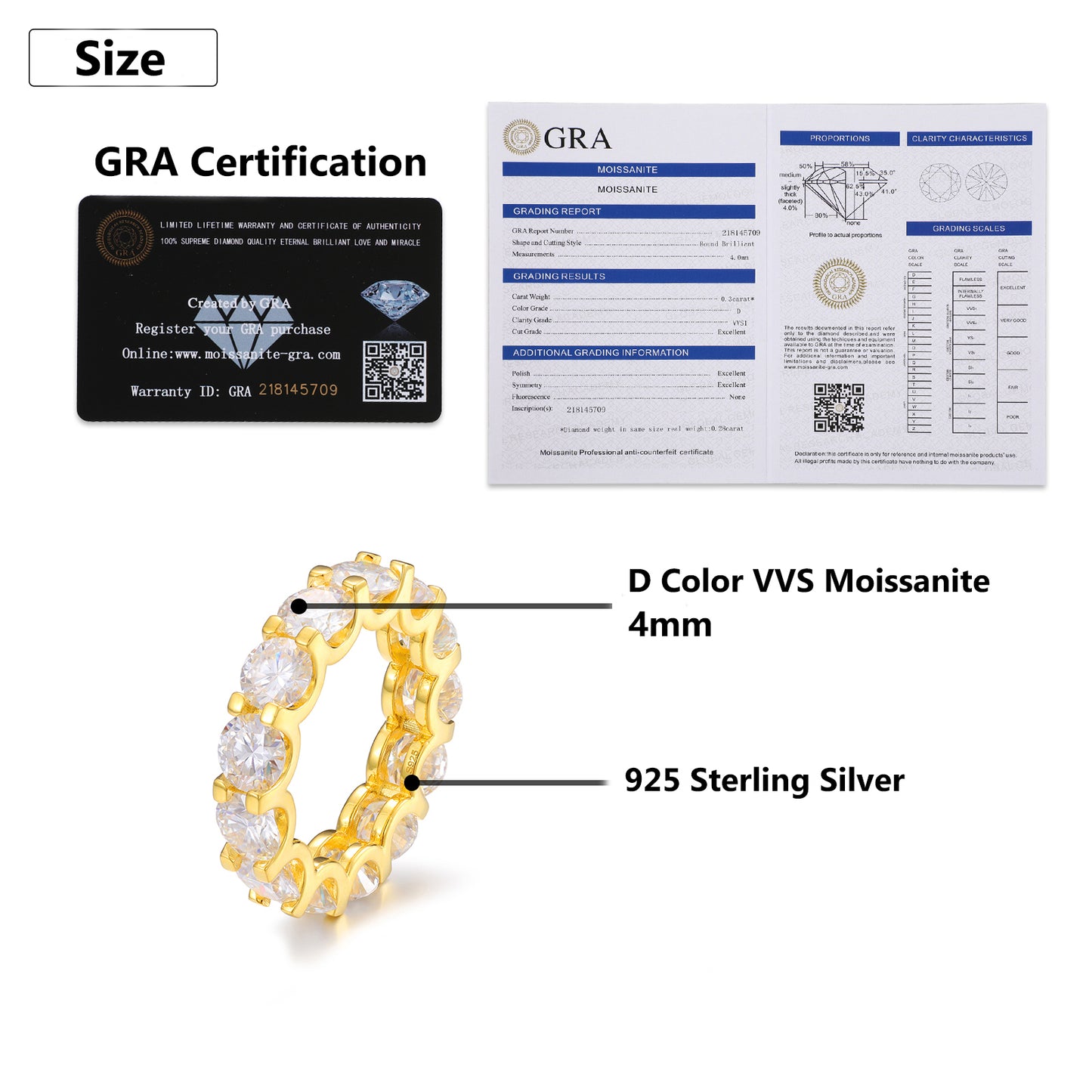 925 Sterling Silver 4mm VVS Moissanite Hypoallergenic Waterproof Prong Set Eternity Ring