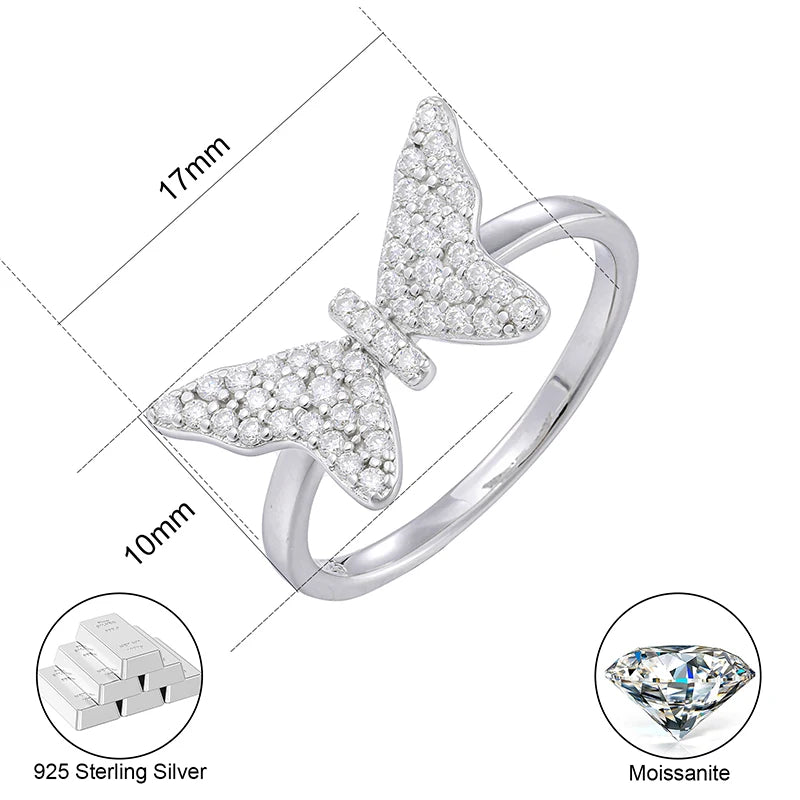 925 Sterling Silver VVS Moissanite Gemstone Butterfly Ring