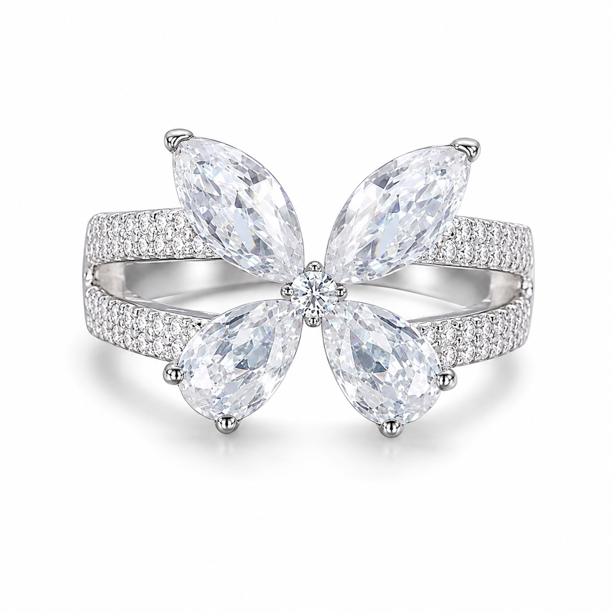 925 Sterling Silver Pear Cut 5A Cubic Zirconia Ice Out Butterfly Ring