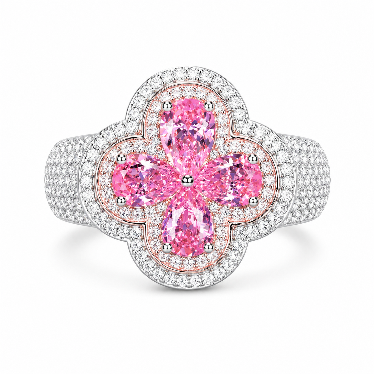S925 Moissanite Four Leaf Clover Ring In Colored Pear Cut CZ
